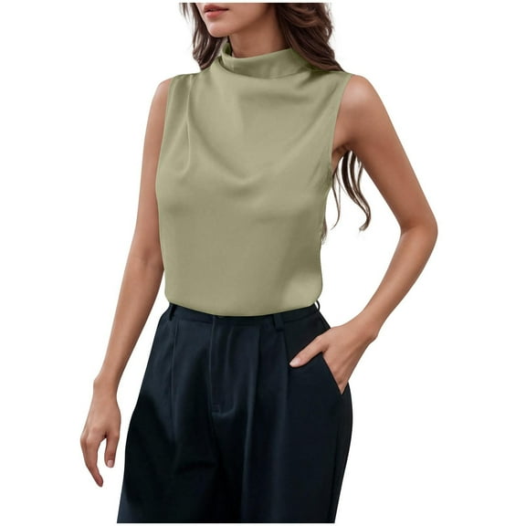 Womens Tank Tops- Womens Mock Neck Satin Tank Tops Business Casual Work Ruched Blouses Summer Corporate Outfits