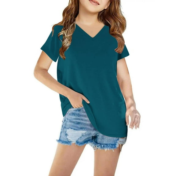 HERESOM Shirts for Girls Short Sleeve Solid T-Shirt V Neck Top Summer Fashion Girls And Boy T-Shirt Tee for 3-14 Years