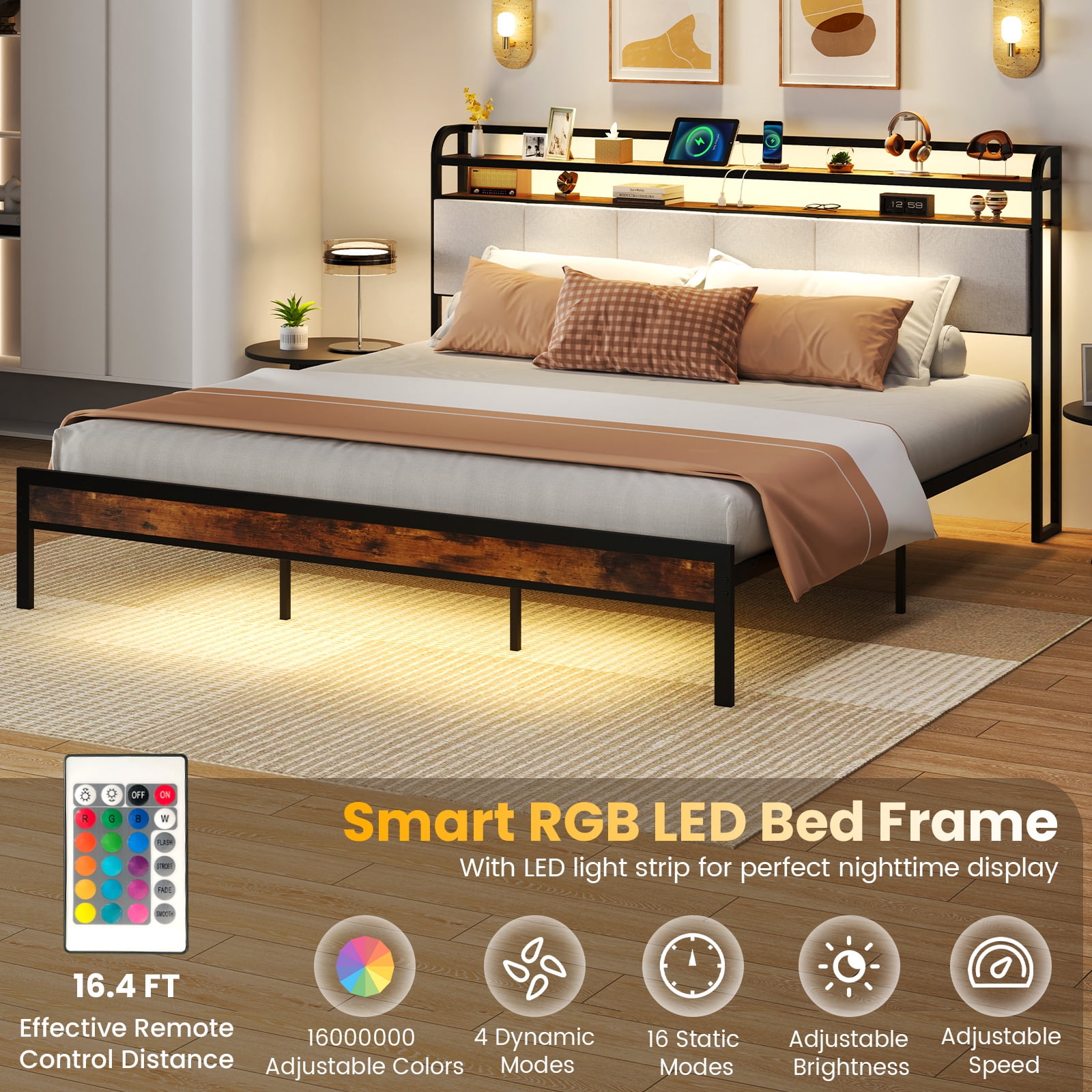 Gymax King Size Bed Frame w/LED Light & Charging Station Heavy Duty Metal Platform Bed