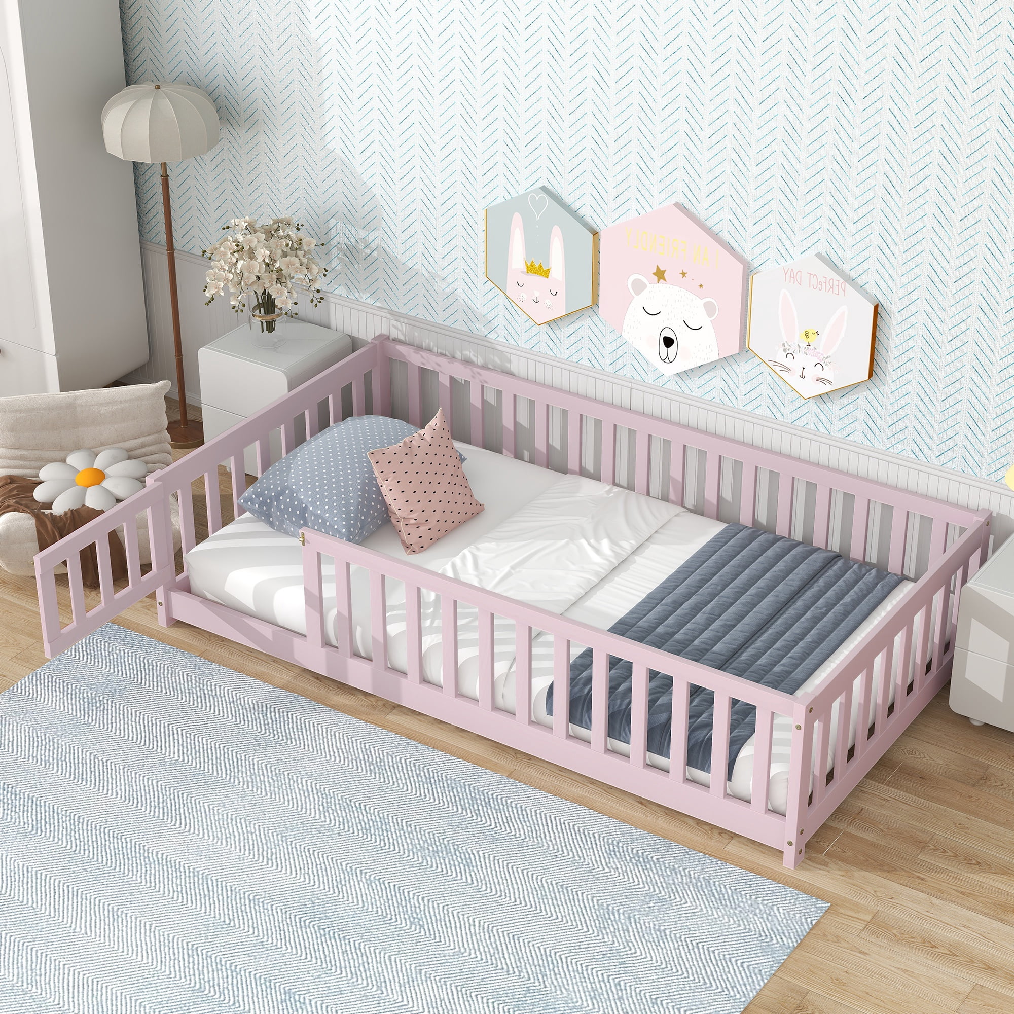 Sesslife Twin Size Floor Bed with Door and Fence, Wood Floor Platform Bed with Slats, Floor Bed for Boys Girls, No Box Spring Needed, Pink