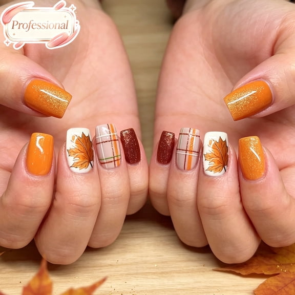 24Pcs Fall Autumn Press On Nails Short Square, Glitter Gloss Full Cover Fake Nails, Reusable Acrylic Stick On False Nail Tips Salon DIY Manicure Nail Art Gift for Women Thanksgiving Daily Casual Wear