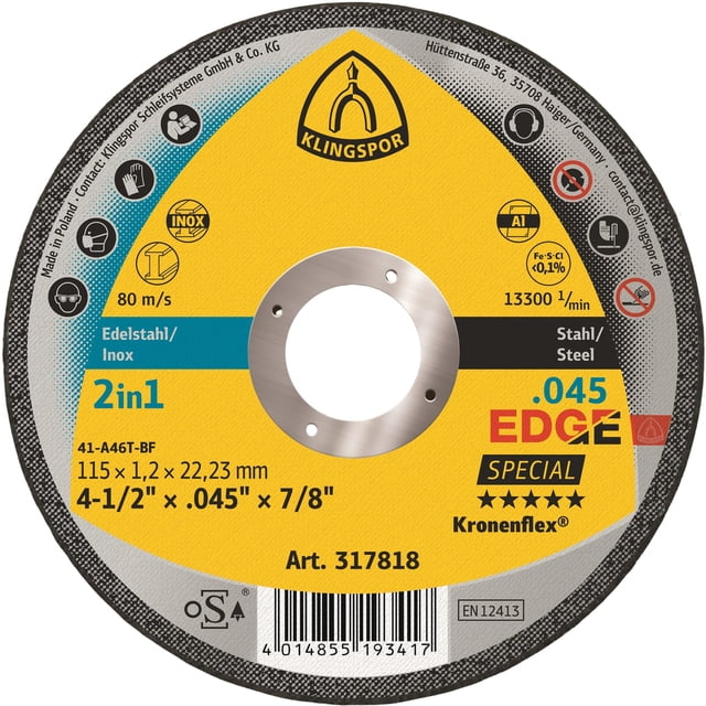 Klingspor 317818 4-1/2" x .045" x 7/8" Kronenflex Edge Cutting Wheel – Precision Performance for Metalworking Professionals - Pack of 25