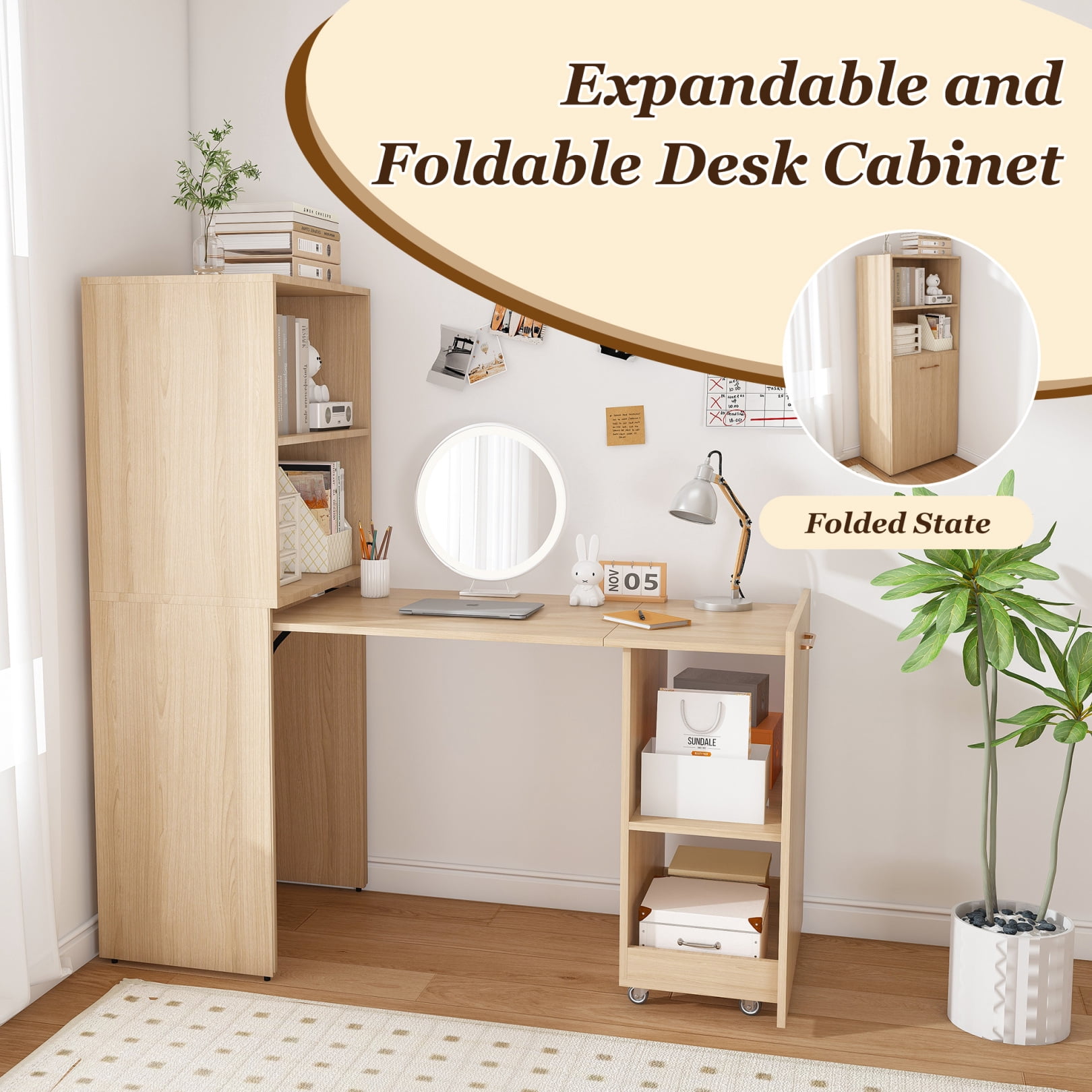 Mobile Folding Desk with Storage Shelves, Rolling Stretchable Office Desk with Wheels, Expandable Computer Table for Small Apartments and Offices, Natural