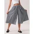 thumbnail image 3 of Black Gingham Midi Skirt Elastic Waist Wide Leg Pleated Casual, 3 of 6