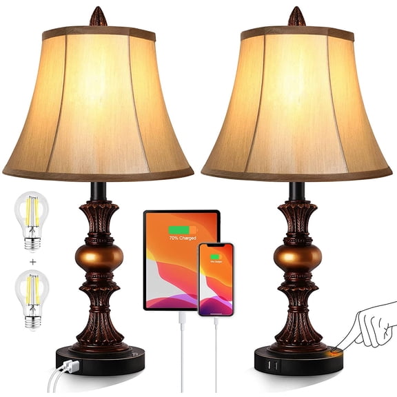 Partphoner Touch Control Bronze Retro Table Lamp Set of 2, 3-Way Dimmable with 2 USB Charging Ports