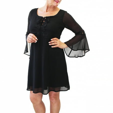 Women'S Plus Chiffon Bell Sleeve Dress W/ Crochet Detail