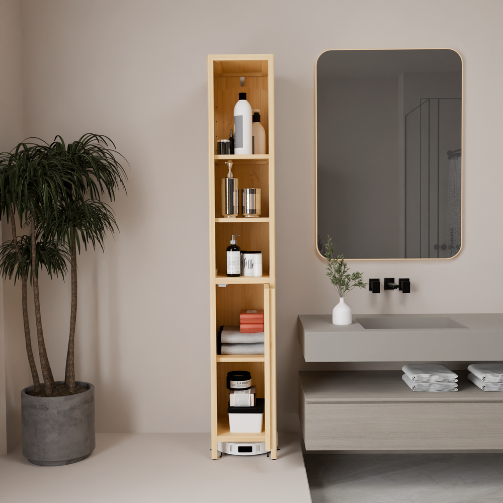 LUMAMIN Narrow Bathroom Storage Cabinet, Thin 65" Tall Bamboo Cabinets Corner Pantry with 4 Shelves & Open Compartment for Bedroom, Small Spaces, 10.6x13x64.6 inches