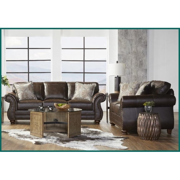 Leinster Traditional Casual Faux Leather Sofa & Loveseat Set with Nailhead Trim for Living Room