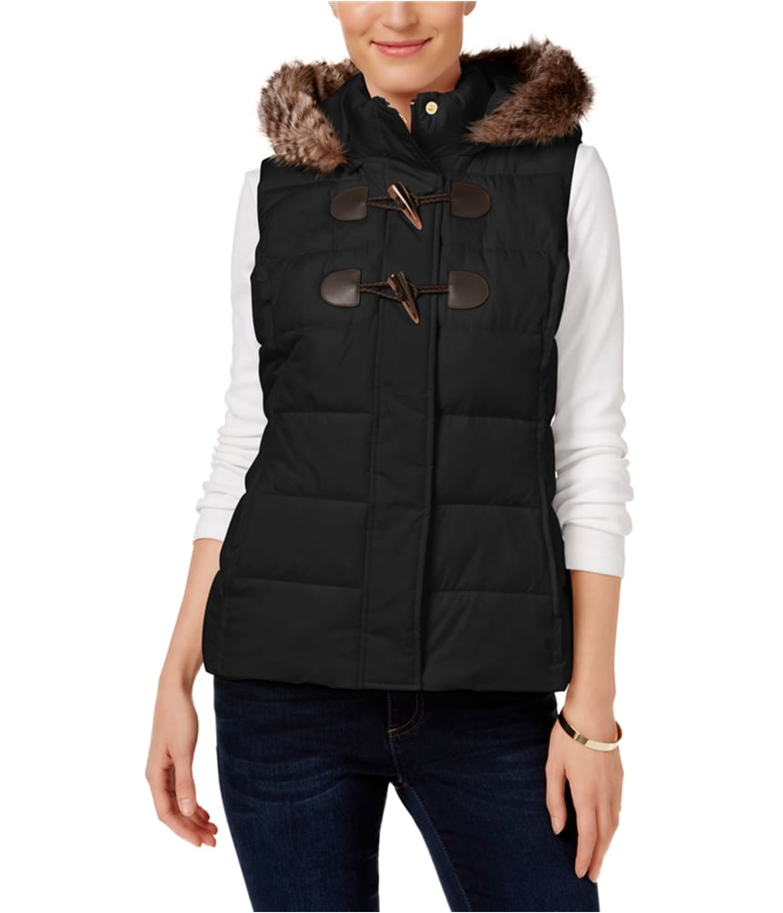 womens black vest with fur hood