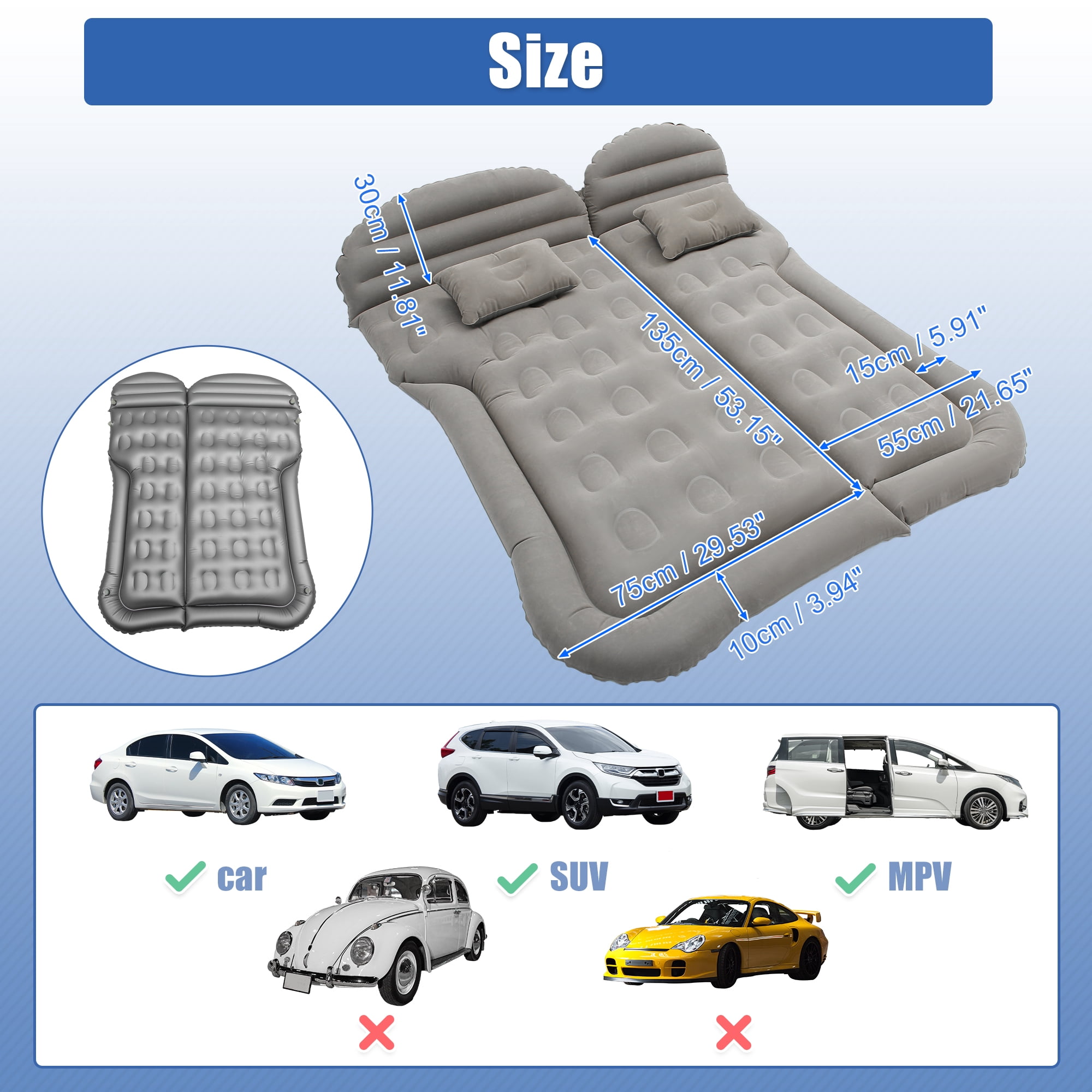 Unique Bargains 1 Set Universal Inflatable Thickened Car Air Mattress Camping Bed Cushion Pillow Flocking Gray