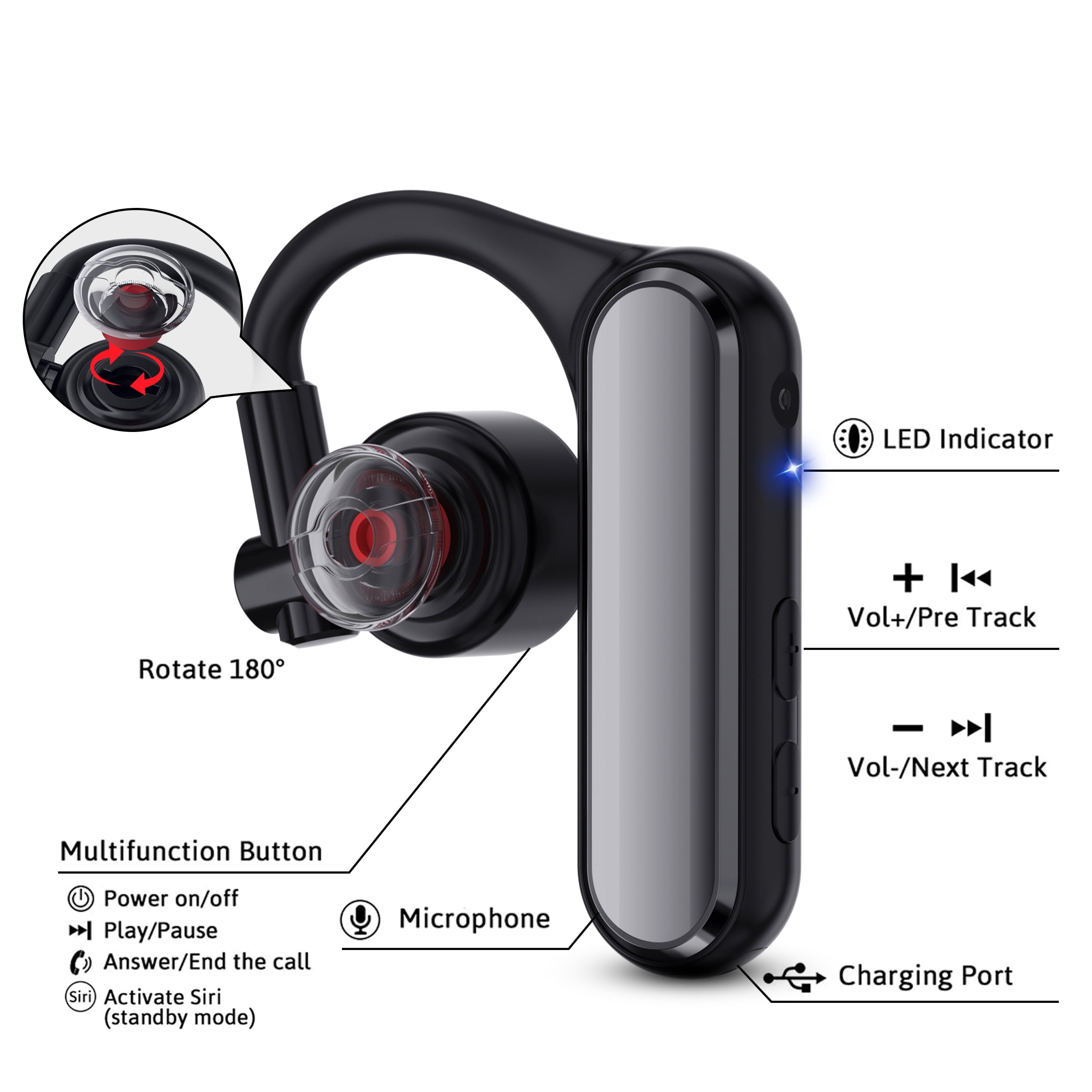 Open Ear Wireless Headset, Bluetooth Single Earpiece with Noise Cancelling Microphone for Work Truckers Business, Hands-Free Compatible with iPhone Android