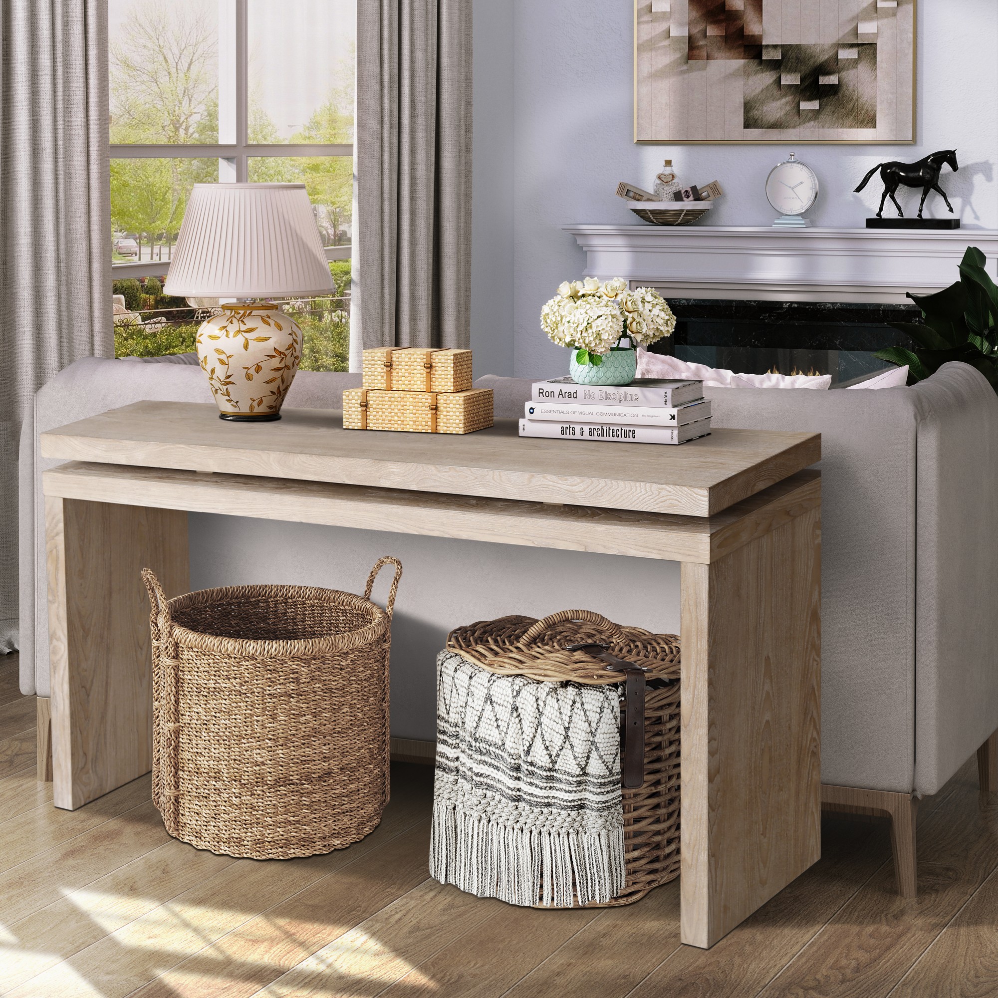 60" Antique Natural Farmhouse Console Table, Retro Wooden Entryway Table with Double Board Suspension Design, Solid Wood & MDF, Sofa Table for Living Room (Antique Natural)
