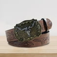 thumbnail image 6 of Jiibva Cowboy Buckle Belt Vintage Western Printed Belt Western Leather Bull Head Buckle Belt Engraved Floral Bull Belt for Men Women, 6 of 7
