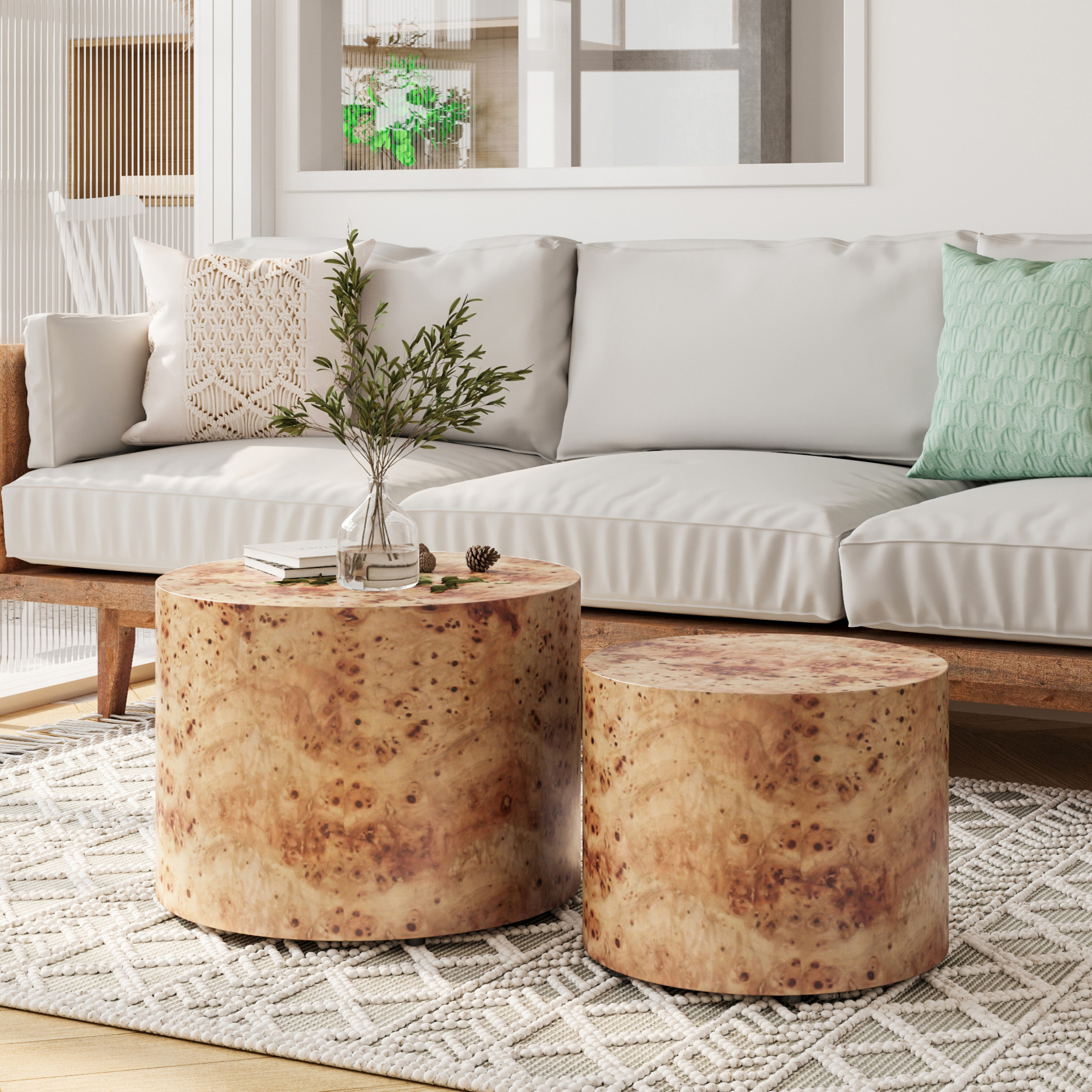 Noble House Nesting Coffee Tables, Burl Round Accent Tables for Living Room, Bedroom, Office, Natural, Set of 2
