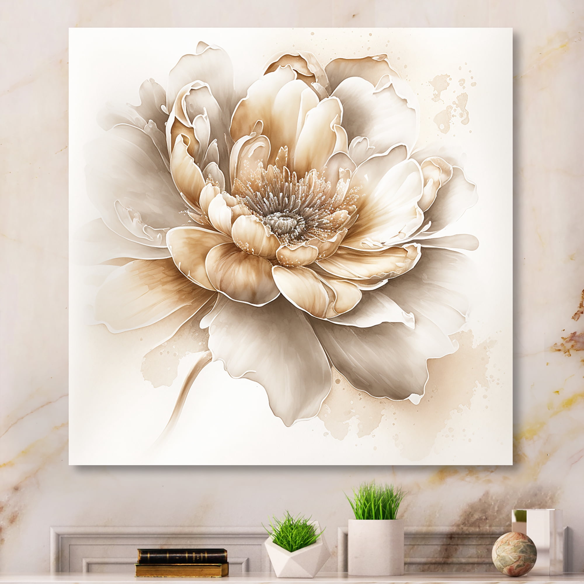Designart Indigold Beige Flower V Canvas Wall Art