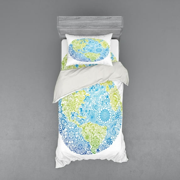 Ambesonne Floral Bedding Set 3 Pcs, Climate Change, Twin XL, Blue Lime Green