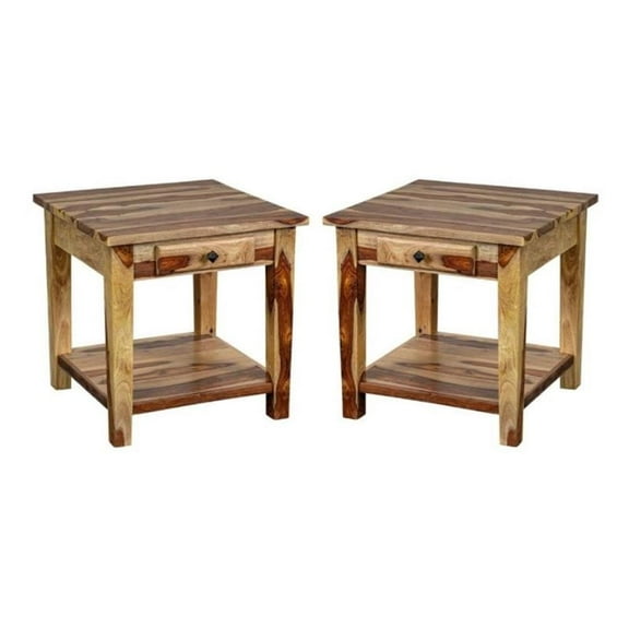 Home Square Solid Wood End Table with Drawer in Natural - Set of 2