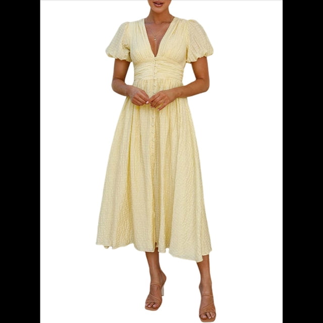 Vestido Elegante de Fiesta Playera para Mujer, con Escote en V, Mangas Abullonadas y Botones. Amarillo S