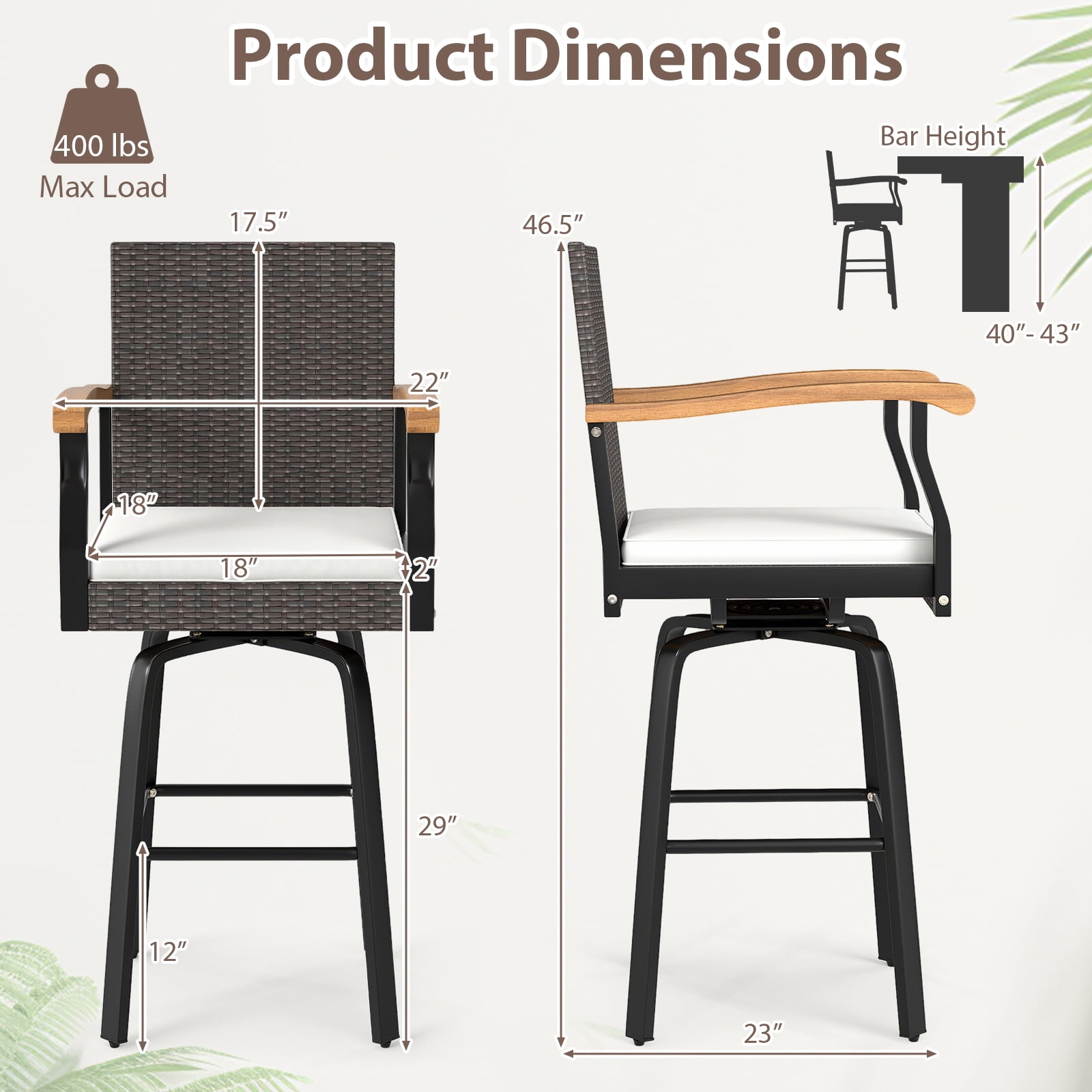 Gymax Outdoor Rattan 360 degree Swivel Bar Stool w/ Removable Cushion Footrests