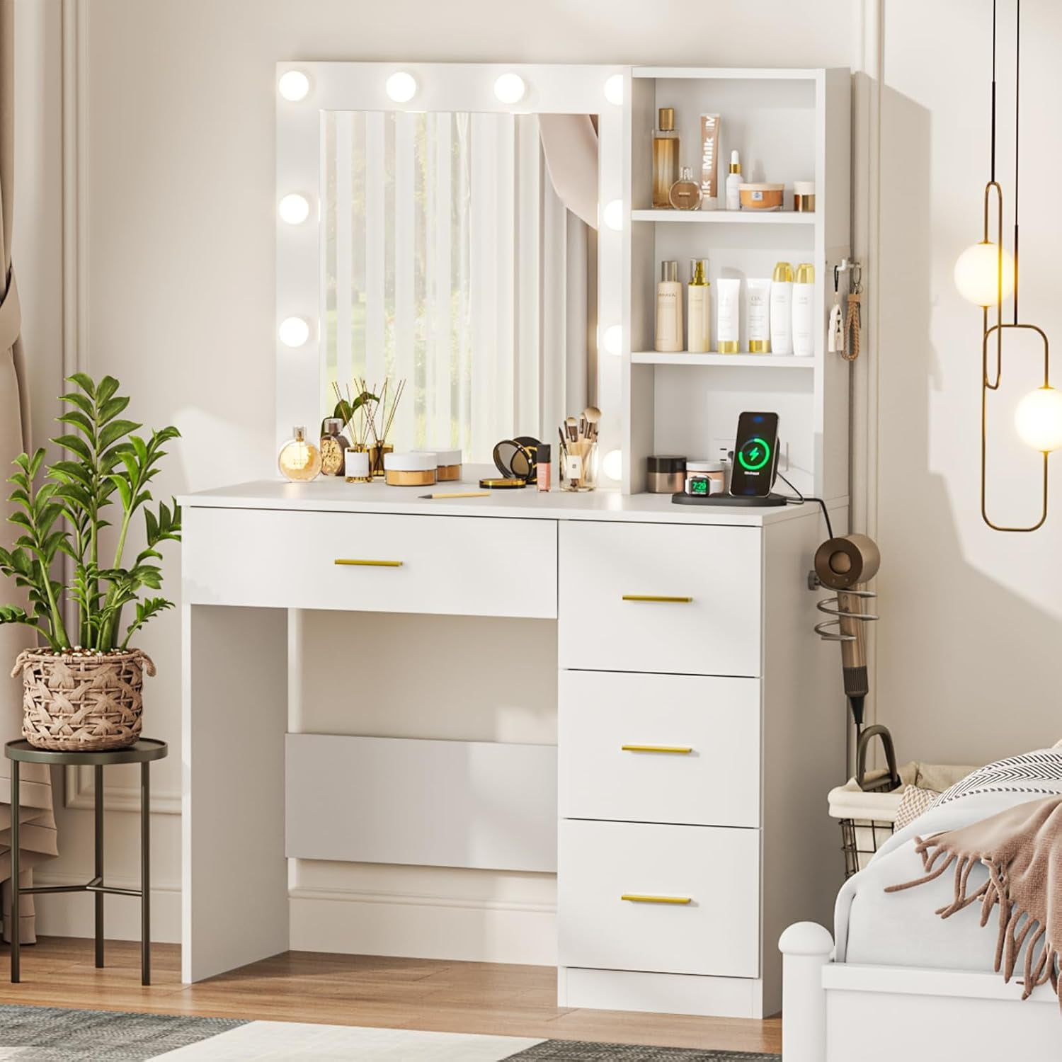Raffle Pinker Makeup Vanity Desk Dressing Table with 4 Drawers,Storage Shelves,Power Outlet,White