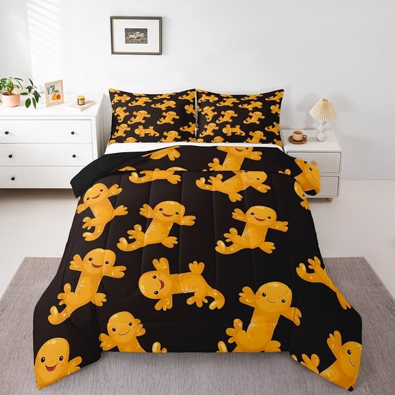 Cute Axolotl Comforter Set Teens Bedroom,Yellow Salamander Down Comforter,Cartoon Sealife Animals Twin Bedding Sets Black