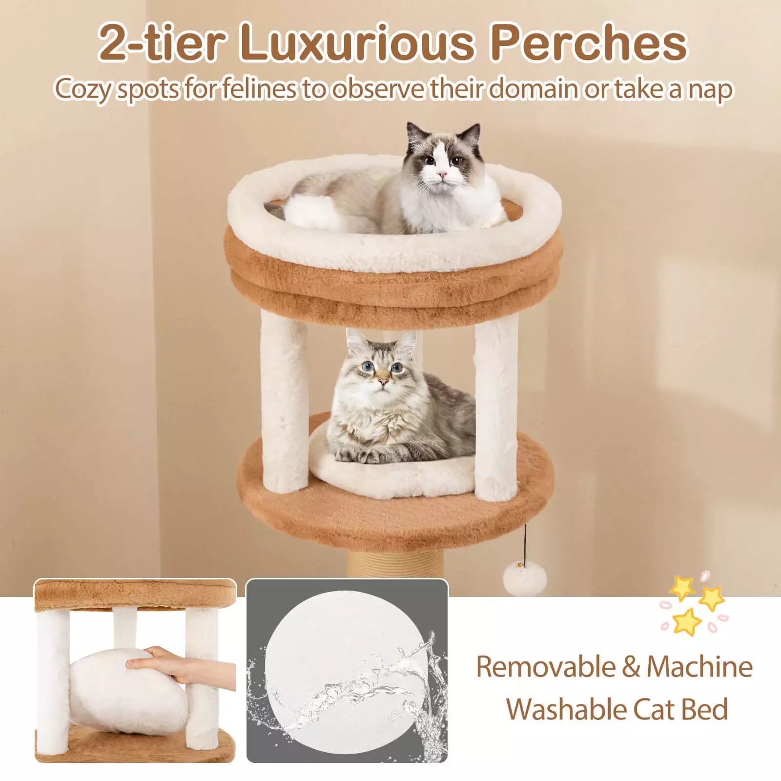 Auranook Cat Tree for Indoor Cats, 65" Tall Kitty Tower with Self-groomer, Padded Perch, Removable Cat Bed, Jumping Platforms, Sisal Rope, Dangling Ball
