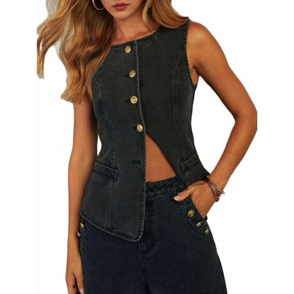 Women's Denim 2-Piece Set, Sleeveless Button Down Vest and High-Waisted Wide Leg Pants Outfit Black S