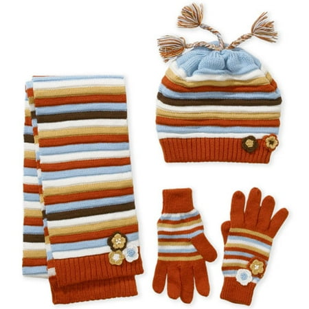 Girls' 4-Piece Crochet-Flower Scarf, Beanie and Gloves