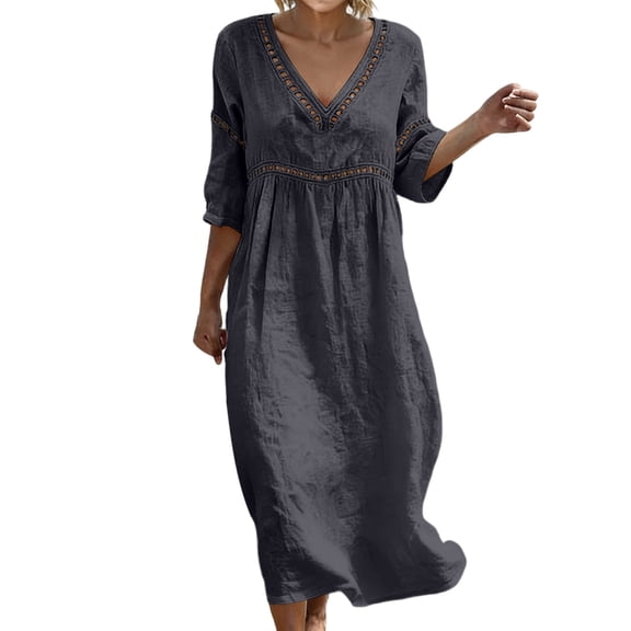 Womens Summer V Neck Midi Dress Hollow 3/4 Sleeve Solid A-Line Swing Beach Holiday Dresses Relaxed Fit, 2026 Summer Trendy