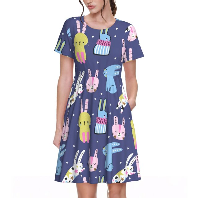 Balery Cartoon Rabbit Vestidos sueltos de manga corta para mujer, vestidos de verano 2025, vestidos casuales de corte A con vuelo.
