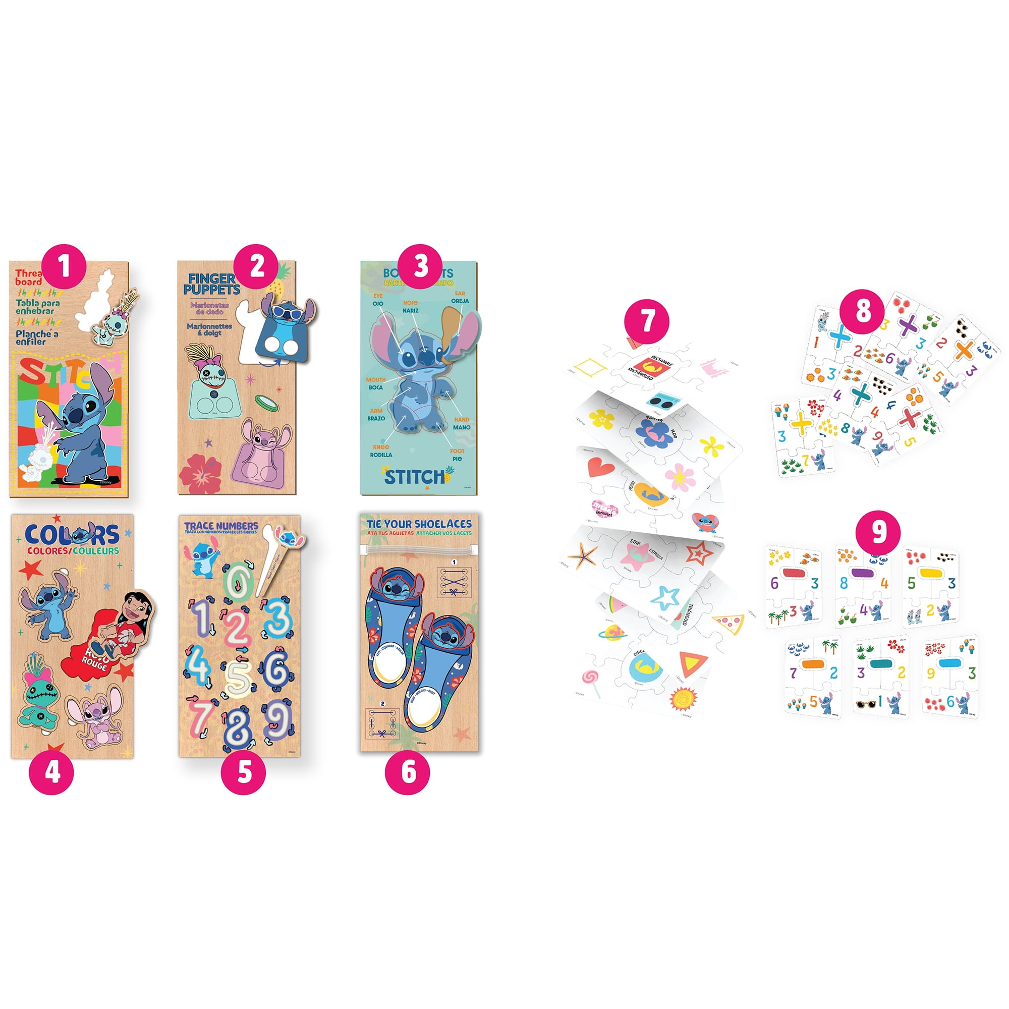 Disney: Stitch Educational Games - Set Of 9 - Play Based Learning, Wooden Puzzles, Bilingual Flash Cards, Numbers-Colors-Shapes-More, Toy Kit, Kids 3+