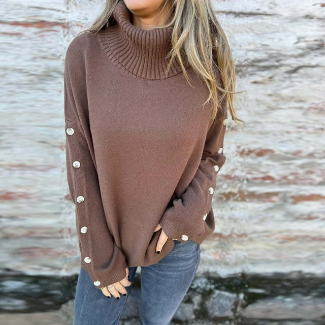 TIMIFIS Chandail à Col Roulé pour Femme, Hauts à Col Montant, Manches Longues avec Boutons, Chandail Uni, Automne Hiver, Mode, Confortable, Décontracté, Stylé, Chandail Doux, Hauts Tricotés, Tendance