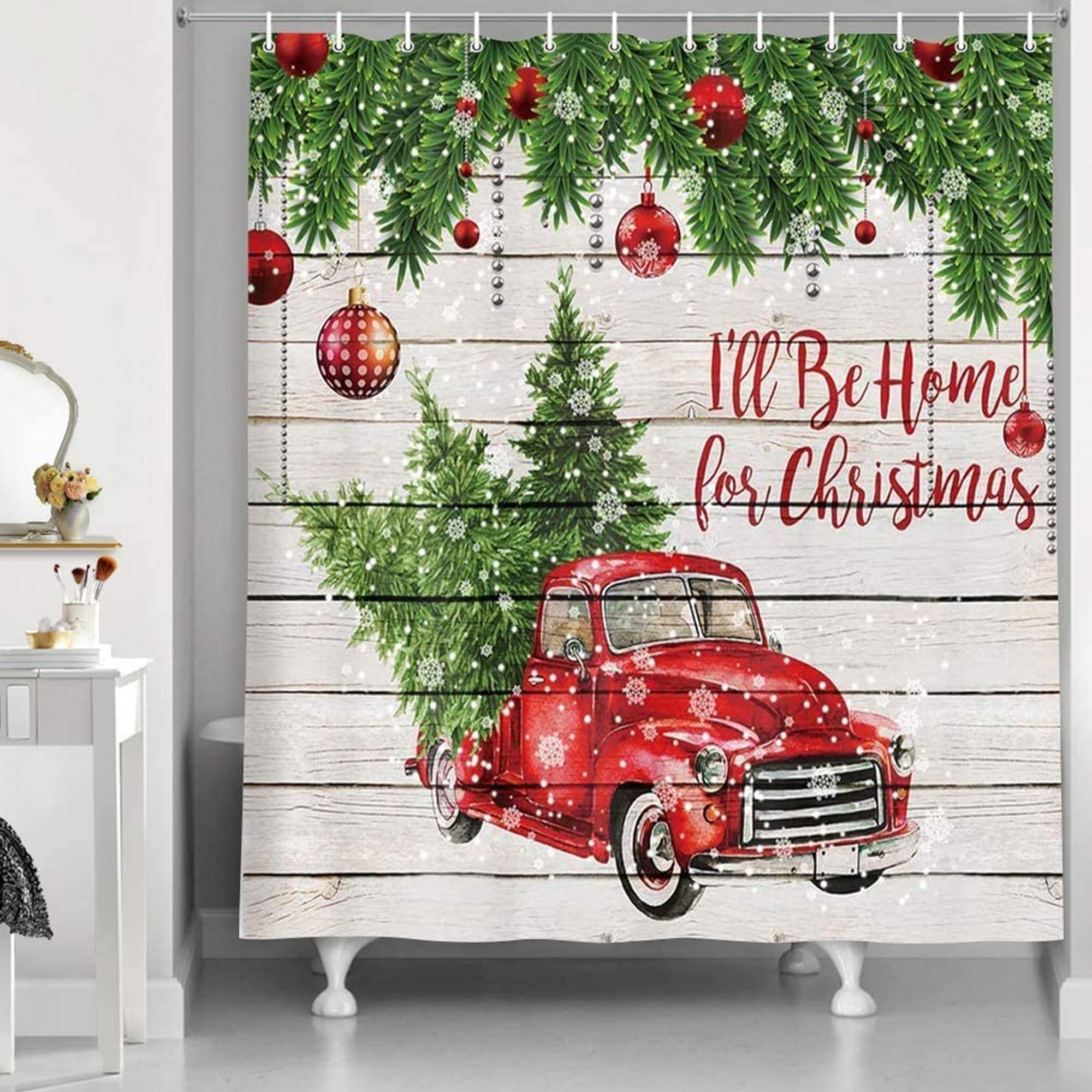 Rustic Wooden Planks Christmas Retro Red Truck Fabric Shower Curtain Set 72x72" 
