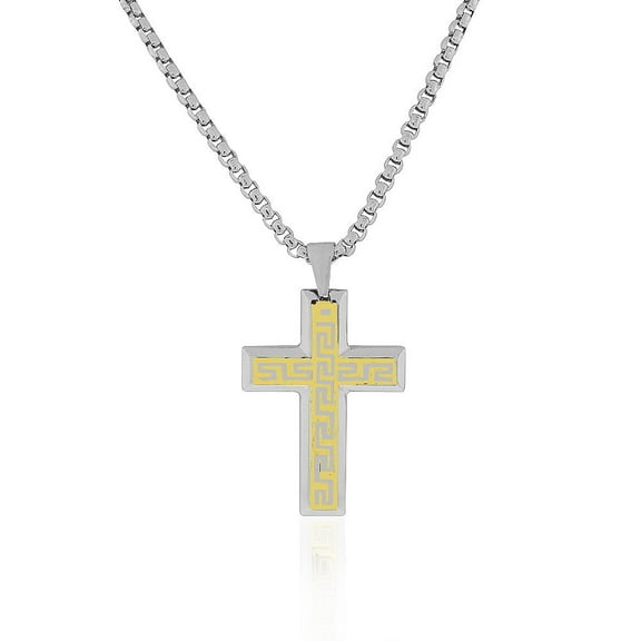 EDFORCE Stainless Steel Two-Tone Greek Key Statement Cross Men's Necklace