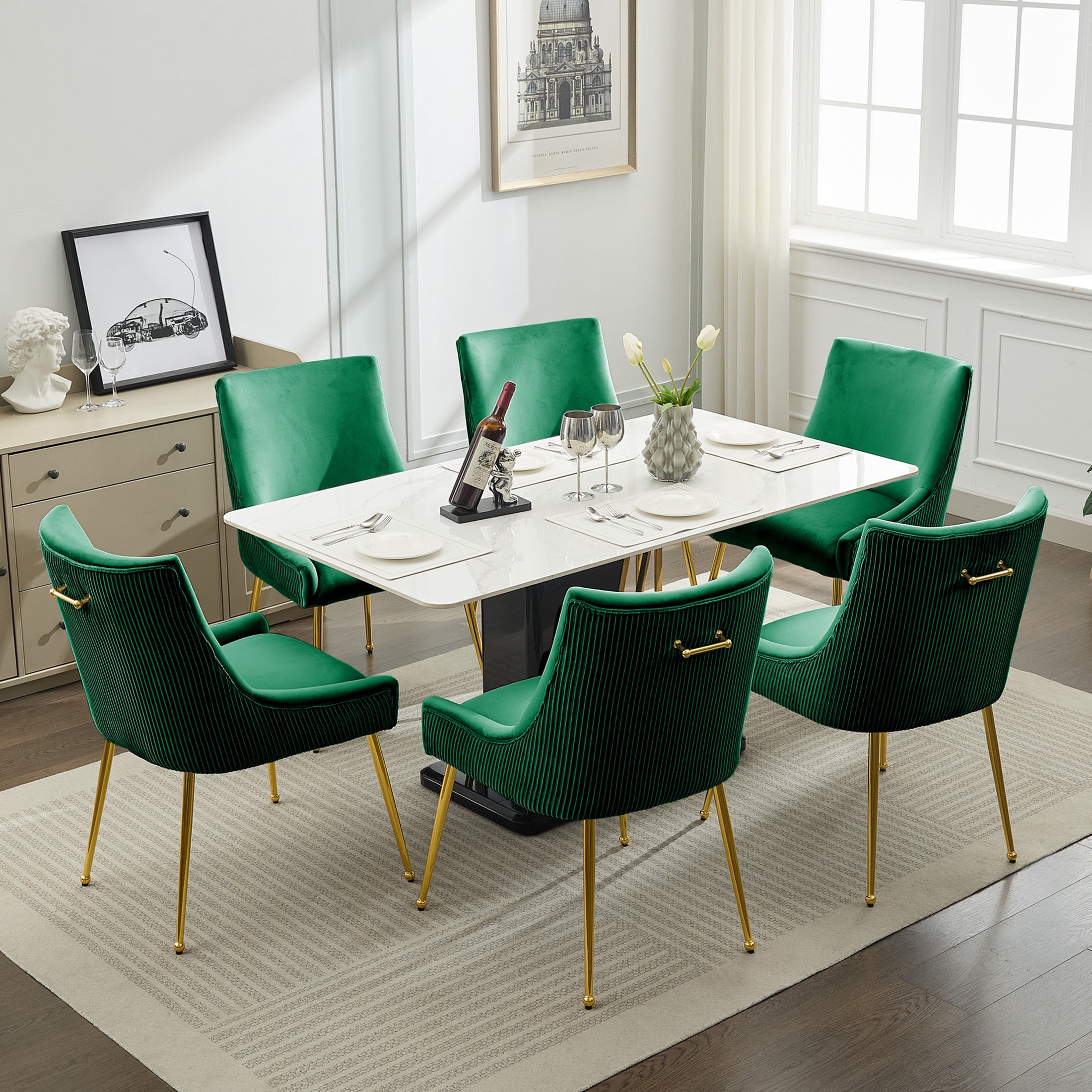 Velvet Dining Chairs Set of 6 with Gold Legs, Upholstered Accent Chairs, Pleated Back & Gold Pull Handle, Mid-Century Modern for Dining Room, Kitchen, Living Room, Green