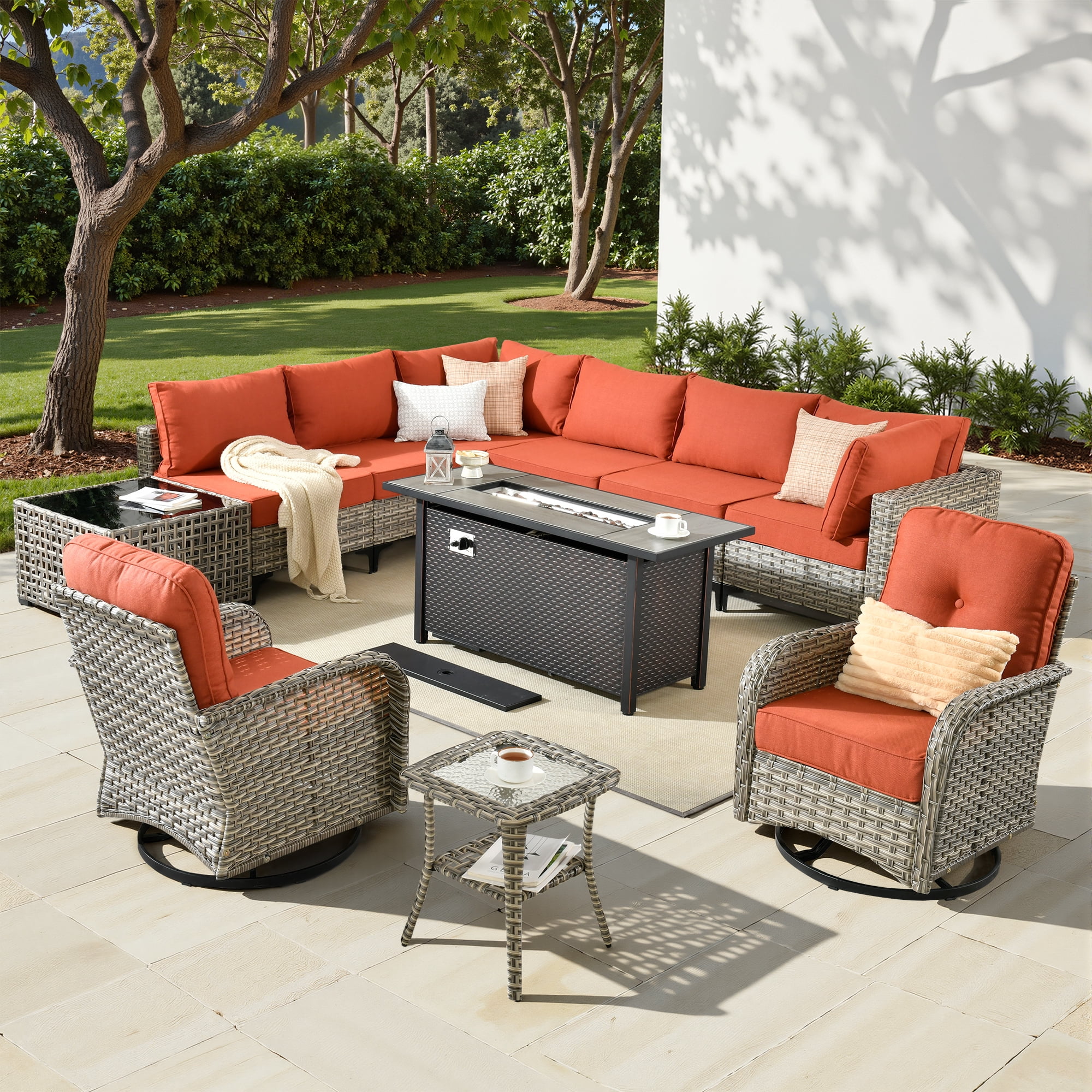 Toject 11 Pieces Patio Furniture Set All Weather Wicker Outdoor Conversation Set with 54" Fire Pit Outside Furniture Patio Sofa with Swivel Chairs & Solar Table, Coarse Orange Red
