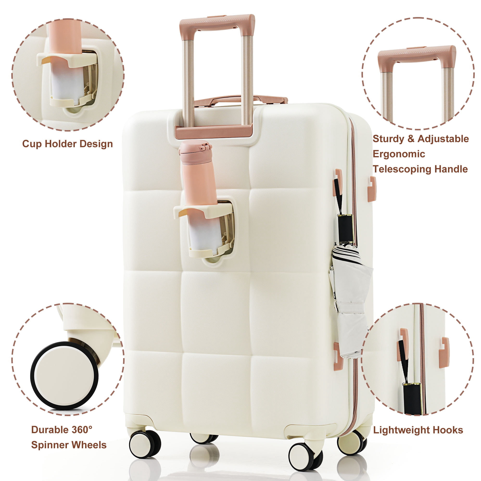Euroco Luggage Set 3 Piece, ABS Hardside Suitcase with Spinner Wheels and TSA Lock, 20" Carry-on Luggage with Cup Holder for Travel(20"/24"/28"),White