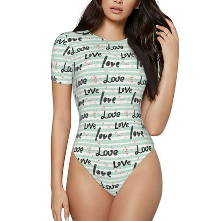 Vsdgher Love lettering Prinr Short Sleeve Body suit for Womens  Sexy Onesie One Piece Round Neck Bodysuit Shapewear Tummy Control-Medium