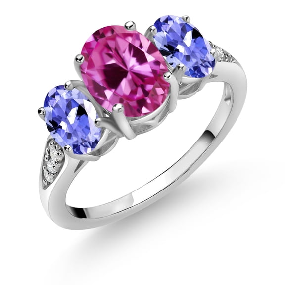 Gem Stone King 10K White Gold Pink Created Sapphire Blue Tanzanite and White Lab Grown Diamond 3 Stone Engagement Ring for Women (2.59 Cttw, Gemstone Birthstone, Size 5)