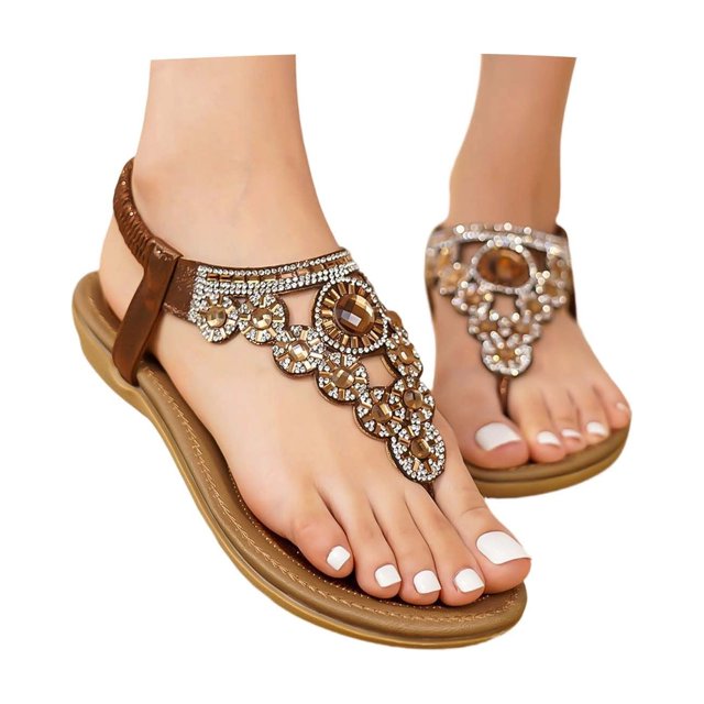 Women Summer Fashion Rhinestone Toe Post Sandals Bohemian Style Flip Flops Casual Beach Slides Polyester Material Non Slip All Season Comfortable Footwear