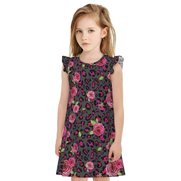 Lukts Rose Mix Leopard 2 Print Girls Nightgowns Cute Princess Sleepwear Flutter Sleeve Pajamas Nightie Dress-XX-Large