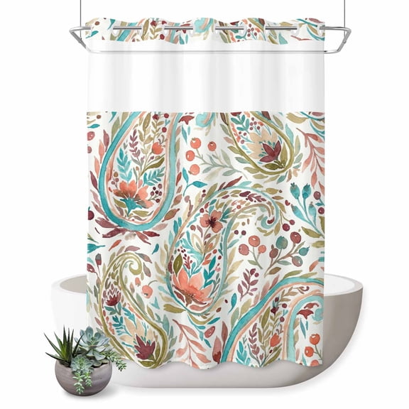 No Hook Shower Curtain, Boho Flower Shower Curtains for Bathroom with See Through Top Window, Spring Watercolor Botanical Paisley Floral Leaf Waterproof & Washable Bath Curtain 60"x72"
