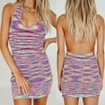 thumbnail image 2 of Womens Sexy Halter V-Neck Backless Knitted Bodycon Mini Dress Rainbow Striped Package Hip Beach Sundress Party Clubwear, 2 of 19