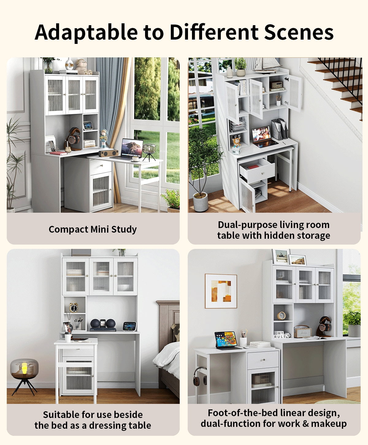 Euroco Computer Desk with glass door for Home Office or Study desk, Bookshelf & Hutch, Computer Desk with 90 Degree Rotating Desktop,Large Working Space