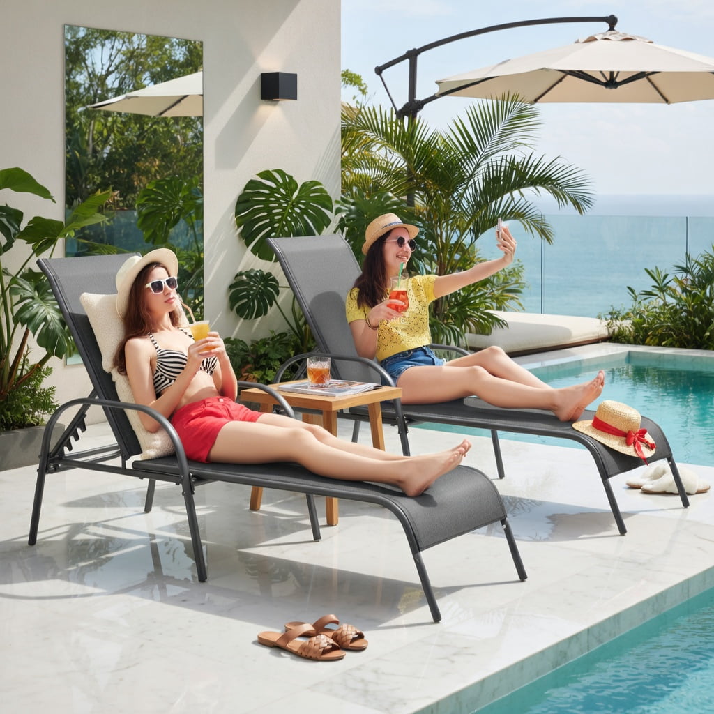Hommoo 2-Pack Adjustable Outdoor Chaise Lounge Chairs Patio Recliners with 5-Position Backrest & Powder-Coated Steel Frame, Dark Gray