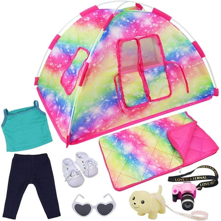 HHHC 7 Items Fashion Doll Camping Tent Set for American 18 Inch Girl Doll  Accessories - Including 18 Inch Doll Camping Tent, Sleeping Bag, Clothes  Set, Shoes, Camera, Eye Glasses and Toy Dog 
