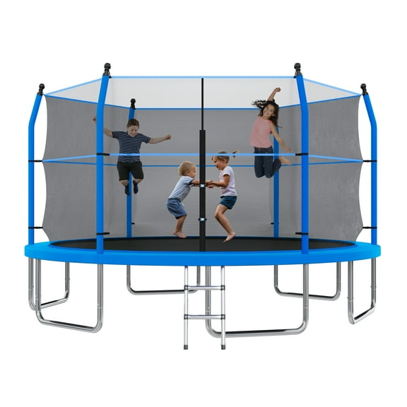 EUROCO 14FT Trampoline with Enclosure Net and Ladder for Backyard, 14' Round Outdoor Trampoline for Kids and Adults