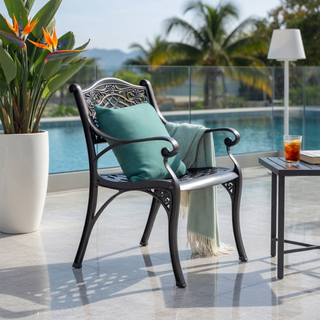 Hommoo 2-Pack Outdoor Cast Aluminum Dining Chairs with Ergonomic Armrests, Curved Breathable Seats & Adjustable Feet, Black