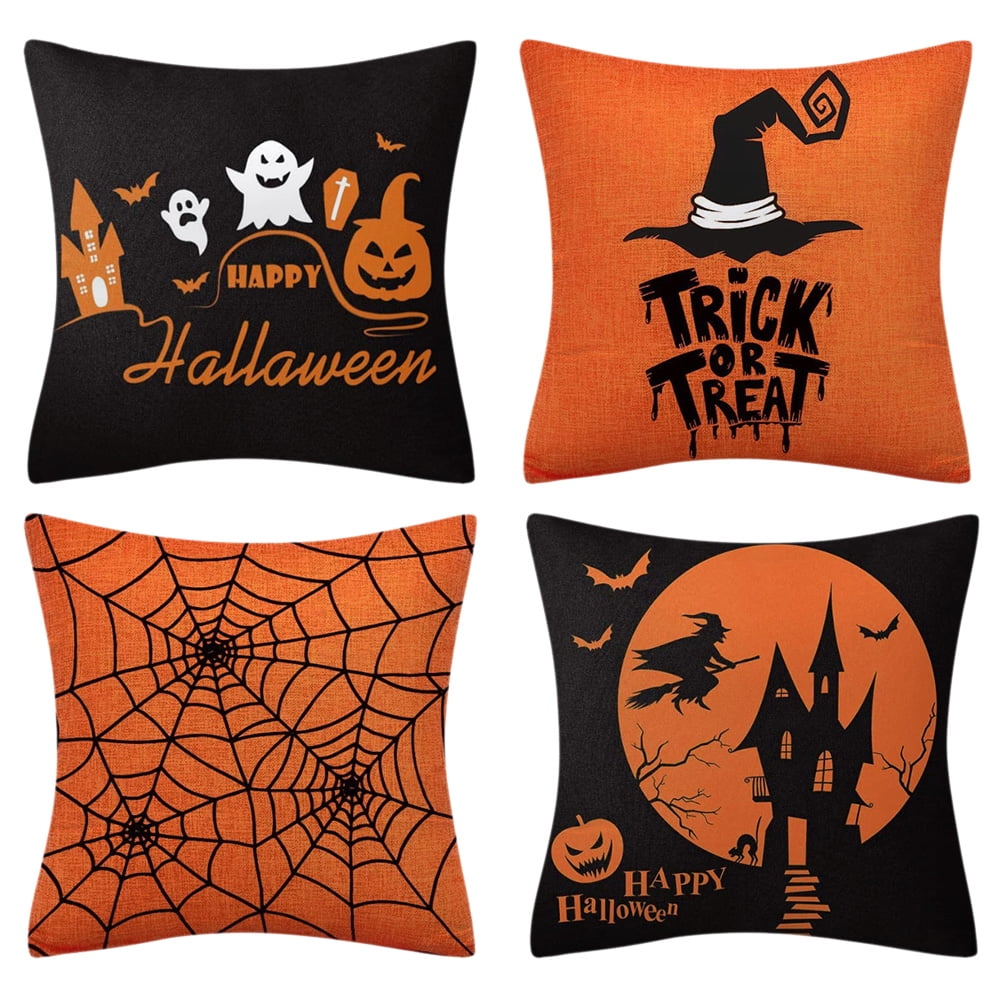Halloween Pillow Covers 18x18 Happy Halloween Throw Pillow Case Set of 4 Trick or Treat Black and White Decorative Pillow Cover Holiday Decor for Outdoor Livingroom Sofa 
