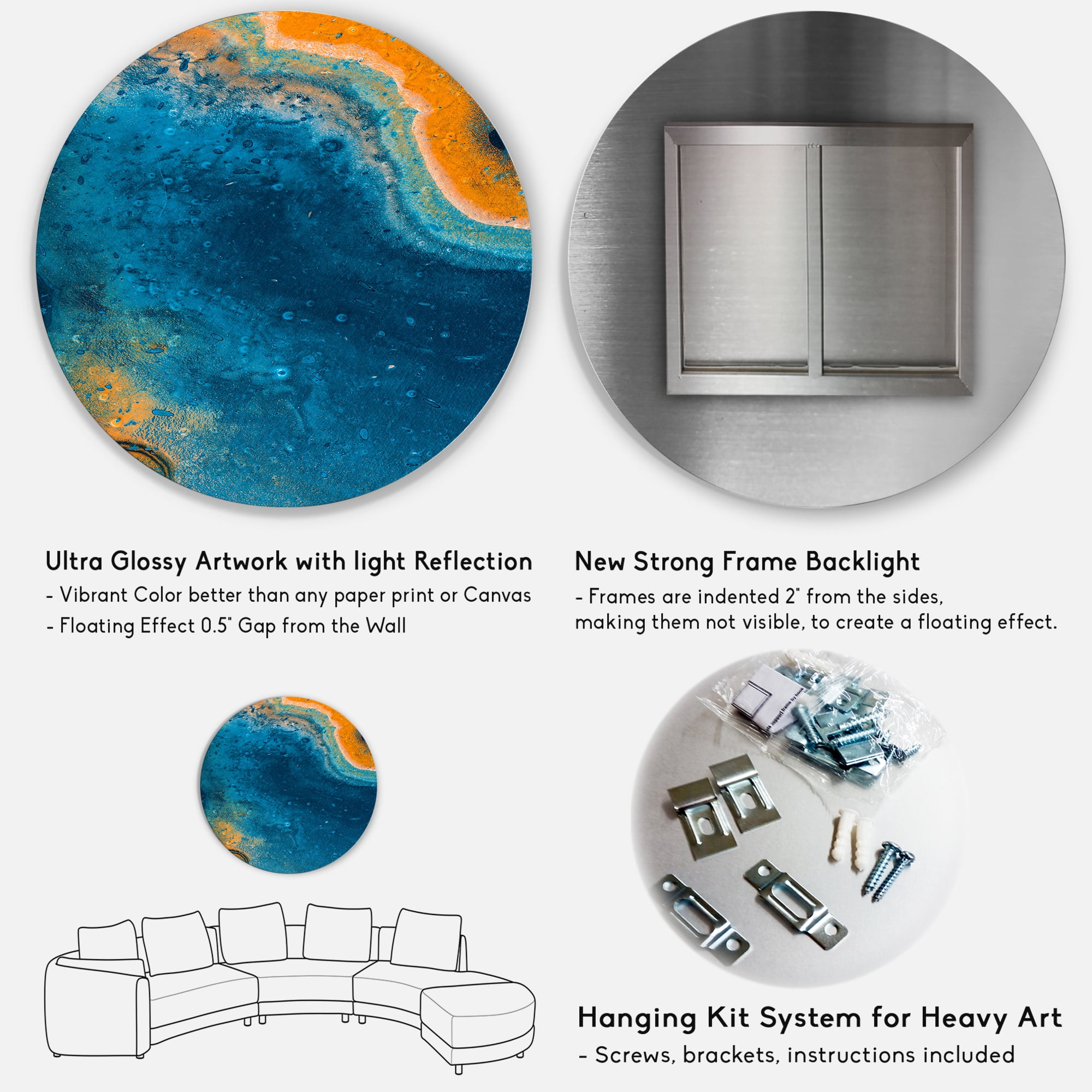 Designart 'Abstract Marble Composition In Orange and Blue V' Modern Circle Metal Wall Art 36x36 - Disc of 36